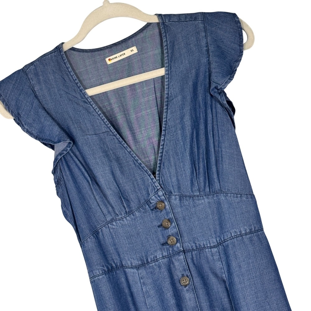 Marine Layer Camila Denim Midi Dress Women XS Blue Flutter Sleeve Smocked Back